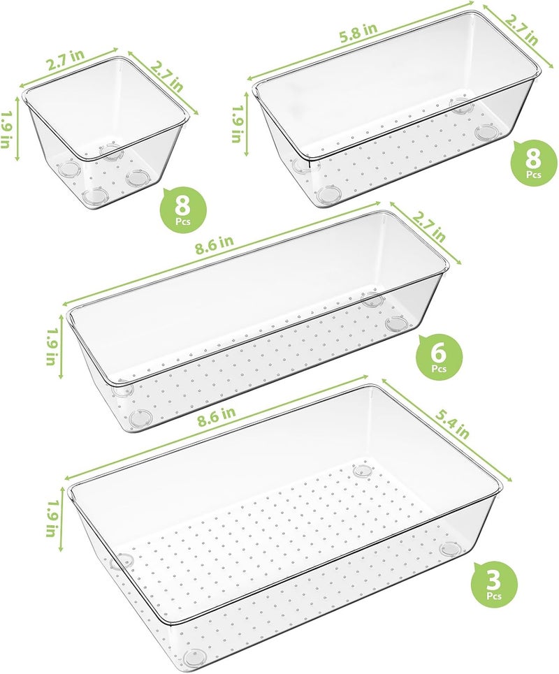 Freshmage 25 Piece Clear Drawer Organizer Set, 4 Sizes Bathroom Vanity Organizer Trays and Storage Bins for Makeup, Cosmetics, Jewelry, and Gadgets. Perfect for Office, Kitchen, Bedroom, Bathroom Use. - Image 2